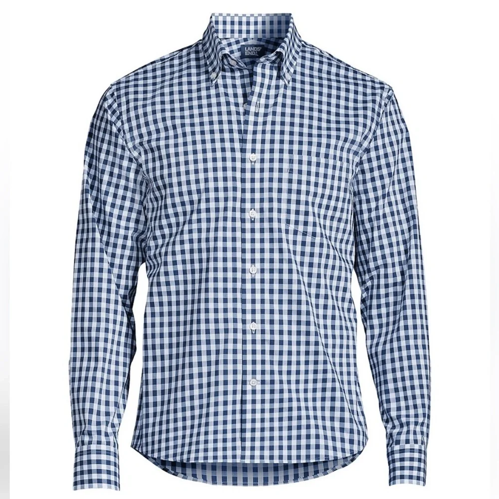 Lands’ End 15 1/2-32 Traditional Fit Navy Checked Button Long Sleeve Dress Shirt